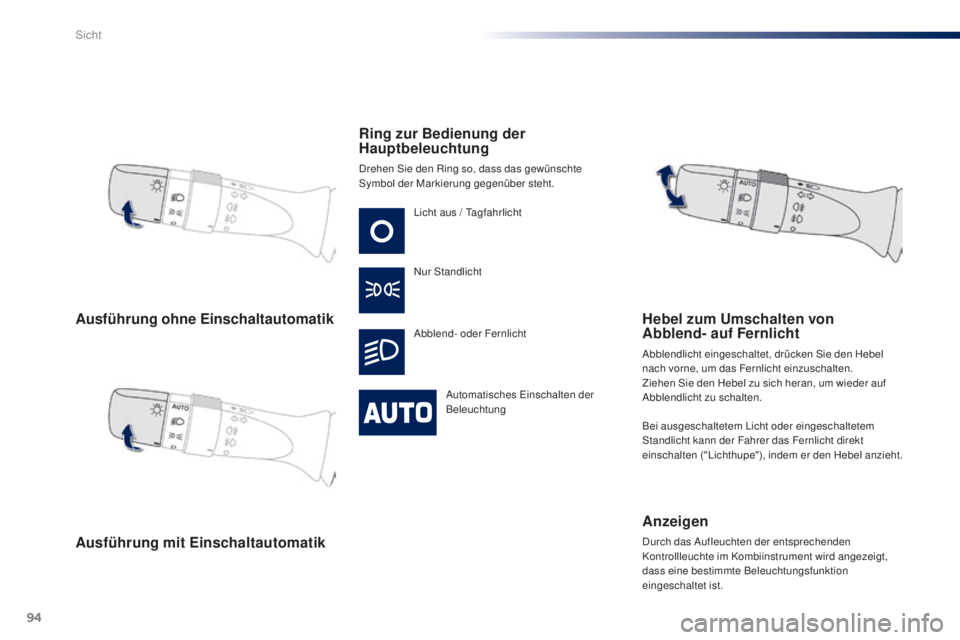 PEUGEOT 108 2014 Betriebsanleitungen (in German) 94
B3_de_Chap06_visibilite_ed01-2014
Ausführung ohne Einschaltautomatik
Ausführung mit EinschaltautomatikRing zur Bedienung der
Hauptbeleuchtung
Drehen Sie den Ring so, dass das gewünschte
Symbol PEUGEOT 108 2014 Betriebsanleitungen (in German) 94
B3_de_Chap06_visibilite_ed01-2014
Ausführung ohne Einschaltautomatik
Ausführung mit EinschaltautomatikRing zur Bedienung der
Hauptbeleuchtung
Drehen Sie den Ring so, dass das gewünschte
Symbol