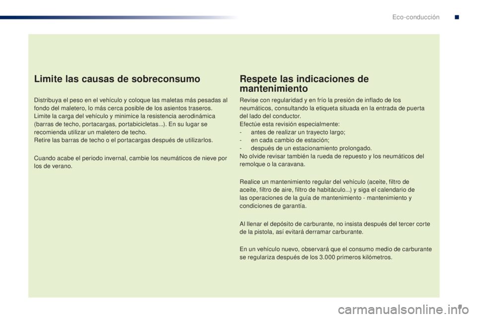 PEUGEOT 108 2014 Manual del propietario (in Spanish) 9
B3_es_Chap00c_eco-conduite_ed01-2014
Limite las causas de sobreconsumo
Distribuya el peso en el vehículo y coloque las maletas más pesadas al
fondo del maletero, lo más cerca posible de los asie PEUGEOT 108 2014 Manual del propietario (in Spanish) 9
B3_es_Chap00c_eco-conduite_ed01-2014
Limite las causas de sobreconsumo
Distribuya el peso en el vehículo y coloque las maletas más pesadas al
fondo del maletero, lo más cerca posible de los asie
