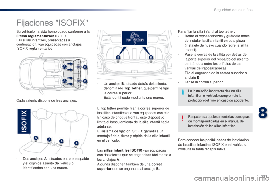 PEUGEOT 108 2014 Manual del propietario (in Spanish) 127
B3_es_Chap08_securite-enfants_ed01-2014
Su vehículo ha sido homologado conforme a la
última reglamentación ISOFIX.
Las sillas infantiles, presentadas a
continuación, van equipadas con anclaj PEUGEOT 108 2014 Manual del propietario (in Spanish) 127
B3_es_Chap08_securite-enfants_ed01-2014
Su vehículo ha sido homologado conforme a la
última reglamentación ISOFIX.
Las sillas infantiles, presentadas a
continuación, van equipadas con anclaj