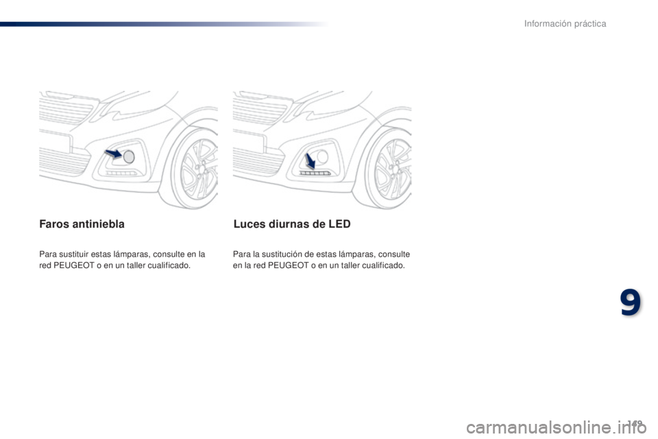 PEUGEOT 108 2014  Manual del propietario (in Spanish) 149
B3_es_Chap09_info-pratiques_ed01-2014
Luces diurnas de LED
Para la sustitución de estas lámparas, consulte 
en la red PEUGEOT o en un taller cualificado.
Para sustituir estas lámparas, consulte