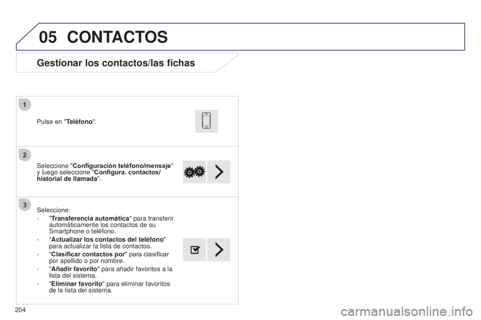 PEUGEOT 108 2014 Manual del propietario (in Spanish) 05
204Seleccione "
Configuración teléfono/mensaje "
y luego seleccione " Configura. contactos/
historial de llamada ".
Pulse en "Teléfono".
Seleccione:
- "Transferenc PEUGEOT 108 2014 Manual del propietario (in Spanish) 05
204Seleccione "
Configuración teléfono/mensaje "
y luego seleccione " Configura. contactos/
historial de llamada ".
Pulse en "Teléfono".
Seleccione:
- "Transferenc