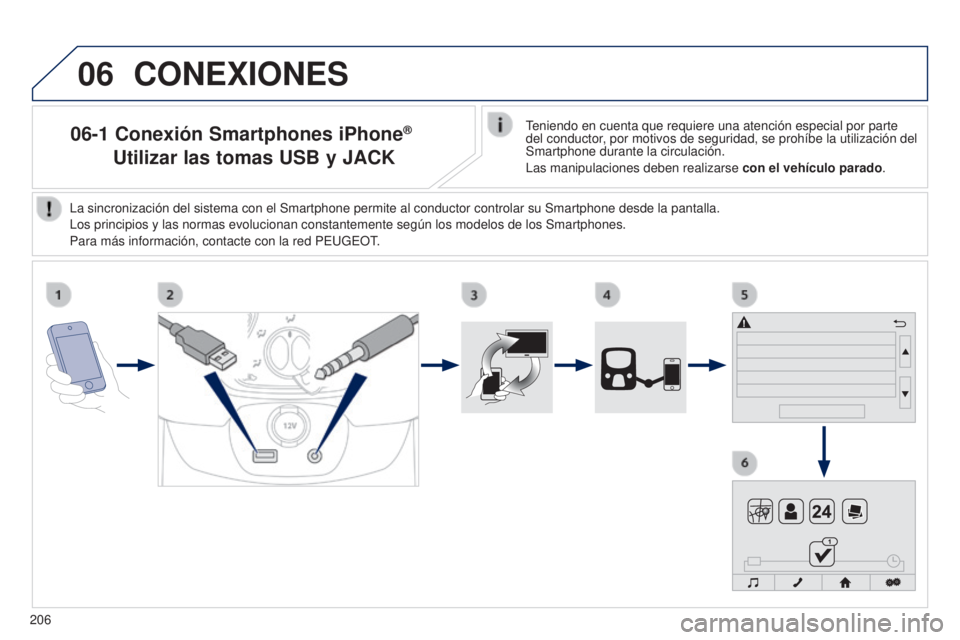 PEUGEOT 108 2014 Manual del propietario (in Spanish) 06
206
06-1 Conexión Smartphones iPhone®
Utilizar las tomas USB y JACK
CONEXIONES
Teniendo en cuenta que requiere una atención especial por parte
del conductor, por motivos de seguridad, se proh PEUGEOT 108 2014 Manual del propietario (in Spanish) 06
206
06-1 Conexión Smartphones iPhone®
Utilizar las tomas USB y JACK
CONEXIONES
Teniendo en cuenta que requiere una atención especial por parte
del conductor, por motivos de seguridad, se proh