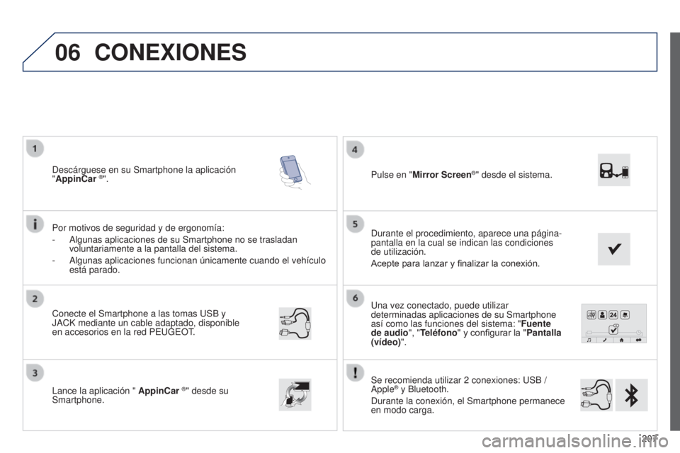 PEUGEOT 108 2014 Manual del propietario (in Spanish) 06
207
Una vez conectado, puede utilizar
determinadas aplicaciones de su Smartphone
así como las funciones del sistema: "
Fuente
de audio ", "Teléfono" y configurar la "Pantal PEUGEOT 108 2014 Manual del propietario (in Spanish) 06
207
Una vez conectado, puede utilizar
determinadas aplicaciones de su Smartphone
así como las funciones del sistema: "
Fuente
de audio ", "Teléfono" y configurar la "Pantal