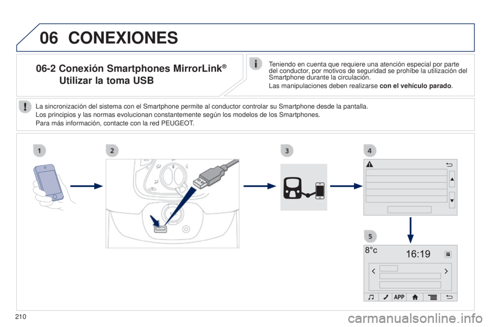 PEUGEOT 108 2014 Manual del propietario (in Spanish) 06
210
06-2 Conexión Smartphones MirrorLink®
Utilizar la toma USB
Teniendo en cuenta que requiere una atención especial por parte
del conductor, por motivos de seguridad se prohíbe la utilizaci PEUGEOT 108 2014 Manual del propietario (in Spanish) 06
210
06-2 Conexión Smartphones MirrorLink®
Utilizar la toma USB
Teniendo en cuenta que requiere una atención especial por parte
del conductor, por motivos de seguridad se prohíbe la utilizaci