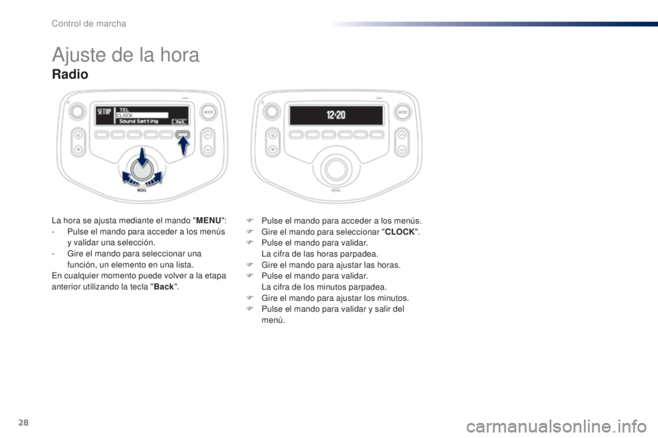 PEUGEOT 108 2014 Manual del propietario (in Spanish) 28
Radio
La hora se ajusta mediante el mando "MENU":
- P ulse el mando para acceder a los menús
y validar una selección.
-
G
ire el mando para seleccionar una
función, un elemento en PEUGEOT 108 2014 Manual del propietario (in Spanish) 28
Radio
La hora se ajusta mediante el mando "MENU":
- P ulse el mando para acceder a los menús
y validar una selección.
-
G
ire el mando para seleccionar una
función, un elemento en