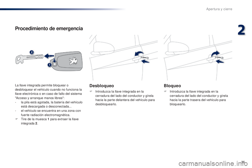 PEUGEOT 108 2014 Manual del propietario (in Spanish) 35
B3_es_Chap02_ouvertures_ed01-2014
Procedimiento de emergencia
Desbloqueo
F Introduzca la llave integrada en la cerradura del lado del conductor y gírela
hacia la parte delantera del vehículo par PEUGEOT 108 2014 Manual del propietario (in Spanish) 35
B3_es_Chap02_ouvertures_ed01-2014
Procedimiento de emergencia
Desbloqueo
F Introduzca la llave integrada en la cerradura del lado del conductor y gírela
hacia la parte delantera del vehículo par