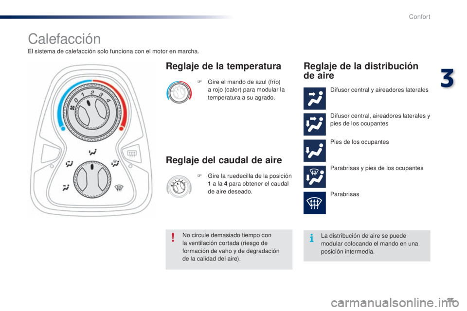 PEUGEOT 108 2014 Manual del propietario (in Spanish) 55
B3_es_Chap03_confort_ed01-2014
Calefacción
El sistema de calefacción solo funciona con el motor en marcha.F
G
ire el mando de azul (frío)
a rojo (calor) para modular la
temperatura a su agr PEUGEOT 108 2014 Manual del propietario (in Spanish) 55
B3_es_Chap03_confort_ed01-2014
Calefacción
El sistema de calefacción solo funciona con el motor en marcha.F
G
ire el mando de azul (frío)
a rojo (calor) para modular la
temperatura a su agr