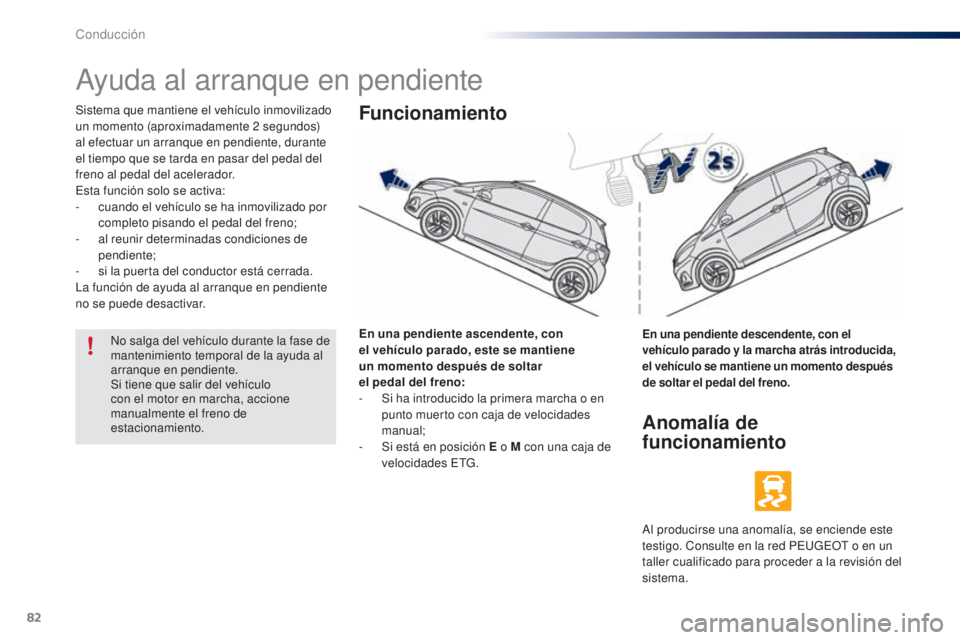 PEUGEOT 108 2014 Manual del propietario (in Spanish) 82
B3_es_Chap05_conduite_ed01-2014
Ayuda al arranque en pendiente
Sistema que mantiene el vehículo inmovilizado
un momento (aproximadamente 2 segundos)
al efectuar un arranque en pendiente, durante PEUGEOT 108 2014 Manual del propietario (in Spanish) 82
B3_es_Chap05_conduite_ed01-2014
Ayuda al arranque en pendiente
Sistema que mantiene el vehículo inmovilizado
un momento (aproximadamente 2 segundos)
al efectuar un arranque en pendiente, durante