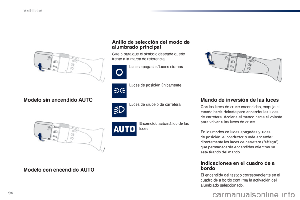 PEUGEOT 108 2014 Manual del propietario (in Spanish) 94
B3_es_Chap06_visibilite_ed01-2014
Modelo sin encendido AUTO
Modelo con encendido AUTOAnillo de selección del modo de
alumbrado principal
GÃrelo para que el sÃmbolo deseado quede
frente a la ma PEUGEOT 108 2014 Manual del propietario (in Spanish) 94
B3_es_Chap06_visibilite_ed01-2014
Modelo sin encendido AUTO
Modelo con encendido AUTOAnillo de selección del modo de
alumbrado principal
GÃrelo para que el sÃmbolo deseado quede
frente a la ma