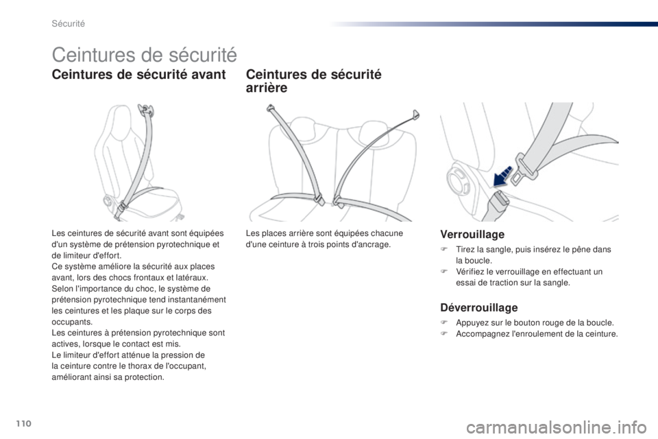 PEUGEOT 108 2014  Manuel du propriétaire (in French) 110
Ceintures de sécurité
Ceintures de sécurité avant
Verrouillage
F Tirez la sangle, puis insérez le pêne dans la boucle.
F
 
V
 érifiez le verrouillage en effectuant un 
essai de traction sur