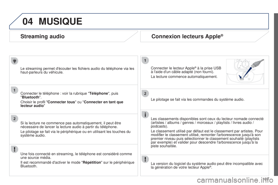 PEUGEOT 108 2014  Manuel du propriétaire (in French) 04
197
Streaming audio
Le	streaming	permet	d'écouter	les	fichiers	audio	du	téléphone	via	les	haut-parleurs du véhicule.
Connecter le téléphone : voir la rubrique "Téléphone", puis 