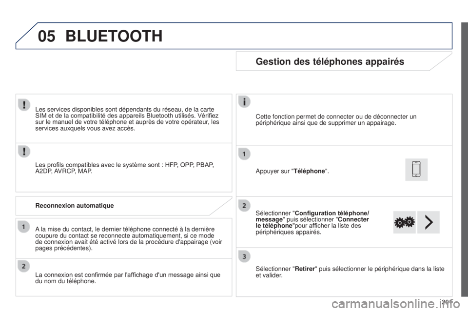 PEUGEOT 108 2014  Manuel du propriétaire (in French) 05
201
Les services disponibles sont dépendants du réseau, de la carte 
SIM
	
et
	
de
	
la
	
compatibilité
	
des
	
appareils
	
Bluetooth
	
utilisés.
	
Vérifiez
	
sur le manuel de votre téléphon