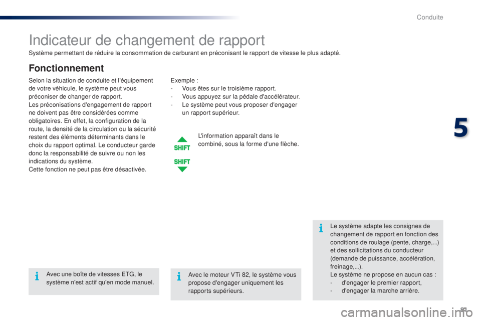 PEUGEOT 108 2014 Manuel du propriétaire (in French) 81
Système permettant de réduire la consommation de carburant en préconisant le rapport de vitesse le plus adapté.
Indicateur de changement de rapport
Fonctionnement
Exemple :
- V ous êtes sur l PEUGEOT 108 2014 Manuel du propriétaire (in French) 81
Système permettant de réduire la consommation de carburant en préconisant le rapport de vitesse le plus adapté.
Indicateur de changement de rapport
Fonctionnement
Exemple :
- V ous êtes sur l