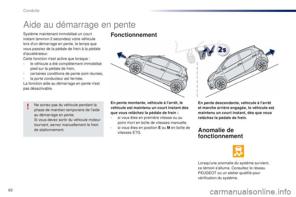 PEUGEOT 108 2014 Manuel du propriétaire (in French) 82
Aide au démarrage en pente
Système maintenant immobilisé un court
instant (environ 2 secondes) votre véhicule
lors d'un démarrage en pente, le temps que
vous passiez de la pédale de fr PEUGEOT 108 2014 Manuel du propriétaire (in French) 82
Aide au démarrage en pente
Système maintenant immobilisé un court
instant (environ 2 secondes) votre véhicule
lors d'un démarrage en pente, le temps que
vous passiez de la pédale de fr
