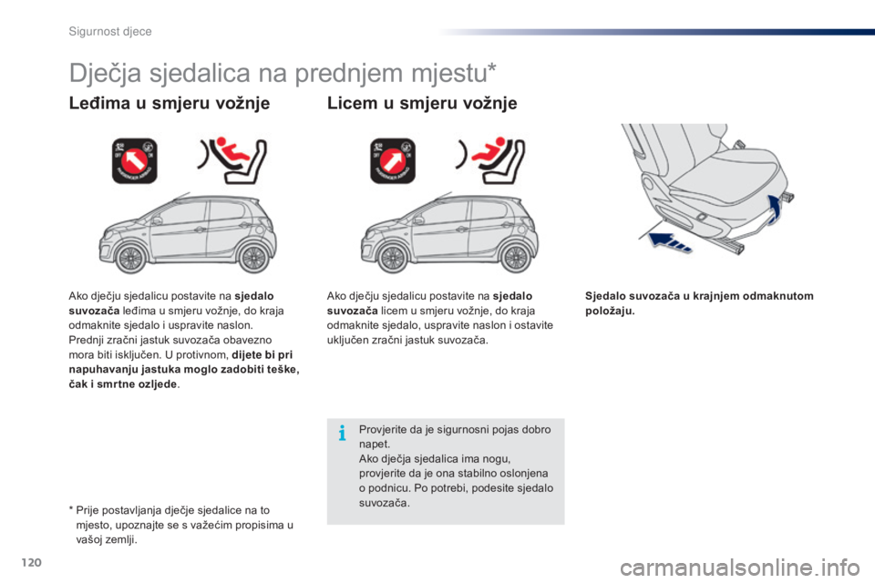 PEUGEOT 108 2014 Upute Za Rukovanje (in Croatian) 120
Dječja sjedalica na prednjem mjestu*
Leđima u smjeru vožnje Licem u smjeru vožnje
Sjedalo suvozača u krajnjem odmaknutom
položaju.
Provjerite da je sigurnosni pojas dobro
napet.
Ako dječj PEUGEOT 108 2014 Upute Za Rukovanje (in Croatian) 120
Dječja sjedalica na prednjem mjestu*
Leđima u smjeru vožnje Licem u smjeru vožnje
Sjedalo suvozača u krajnjem odmaknutom
položaju.
Provjerite da je sigurnosni pojas dobro
napet.
Ako dječj