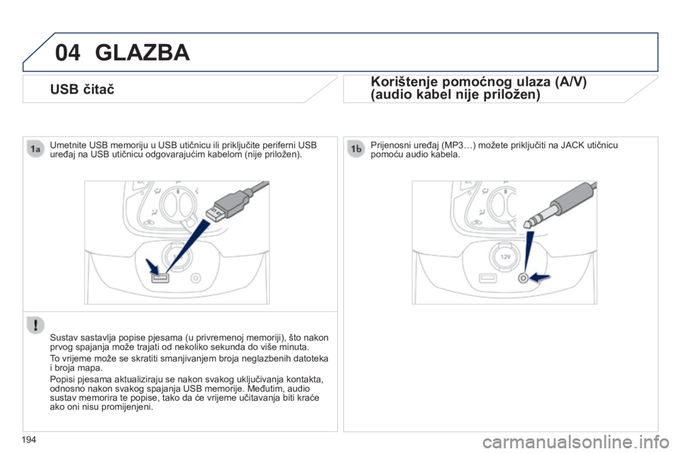 PEUGEOT 108 2014 Upute Za Rukovanje (in Croatian) 04
194
USB čitač
GLAZBA
Korištenje pomoćnog ulaza (A/V)
(audio kabel nije priložen)
Umetnite USB memoriju u USB utičnicu ili priključite periferni USB
uređaj na USB utičnicu odgovarajućim k PEUGEOT 108 2014 Upute Za Rukovanje (in Croatian) 04
194
USB čitač
GLAZBA
Korištenje pomoćnog ulaza (A/V)
(audio kabel nije priložen)
Umetnite USB memoriju u USB utičnicu ili priključite periferni USB
uređaj na USB utičnicu odgovarajućim k