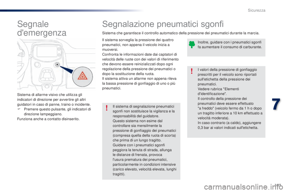 PEUGEOT 108 2014  Manuale duso (in Italian) 103
Segnalazione pneumatici sgonfi
Il sistema sorveglia la pressione dei quattro 
pneumatici, non appena il veicolo inizia a 
muoversi.
Confronta le informazioni date dai captatori di 
velocità delle