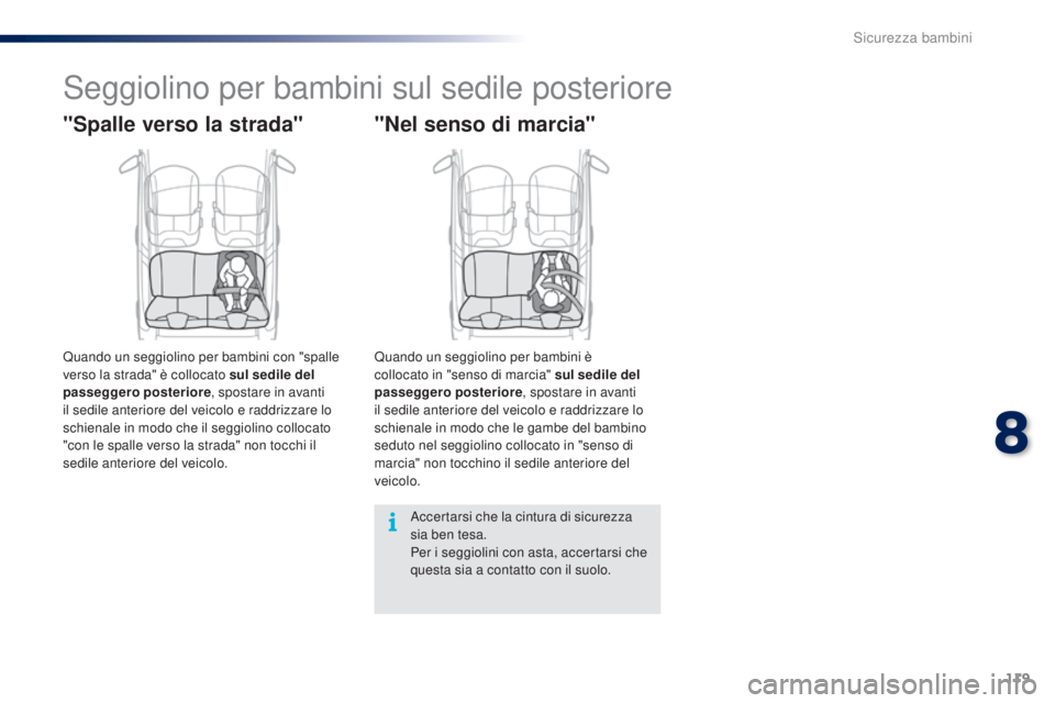 PEUGEOT 108 2014  Manuale duso (in Italian) 119
B3_it_Chap08_securite-enfants_ed01-2014
Seggiolino per bambini sul sedile posteriore
"Spalle verso la strada"
Quando un seggiolino per bambini con "spalle 
verso la strada" è coll