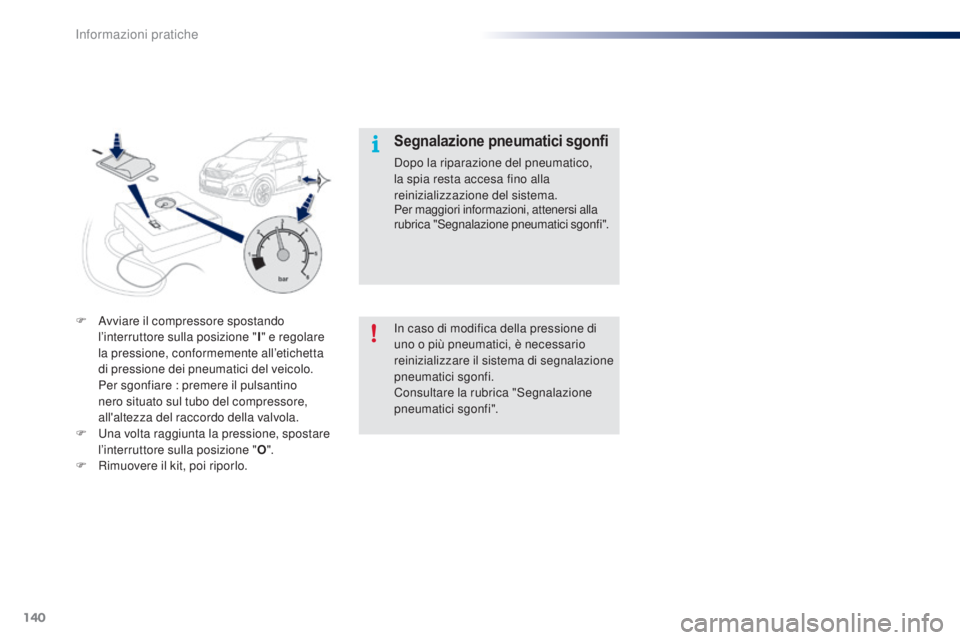 PEUGEOT 108 2014 Manuale duso (in Italian) 140
In caso di modifica della pressione di
uno o più pneumatici, è necessario
reinizializzare il sistema di segnalazione
pneumatici sgonfi.
Consultare la rubrica "Segnalazione
pneumatici sgo PEUGEOT 108 2014 Manuale duso (in Italian) 140
In caso di modifica della pressione di
uno o più pneumatici, è necessario
reinizializzare il sistema di segnalazione
pneumatici sgonfi.
Consultare la rubrica "Segnalazione
pneumatici sgo