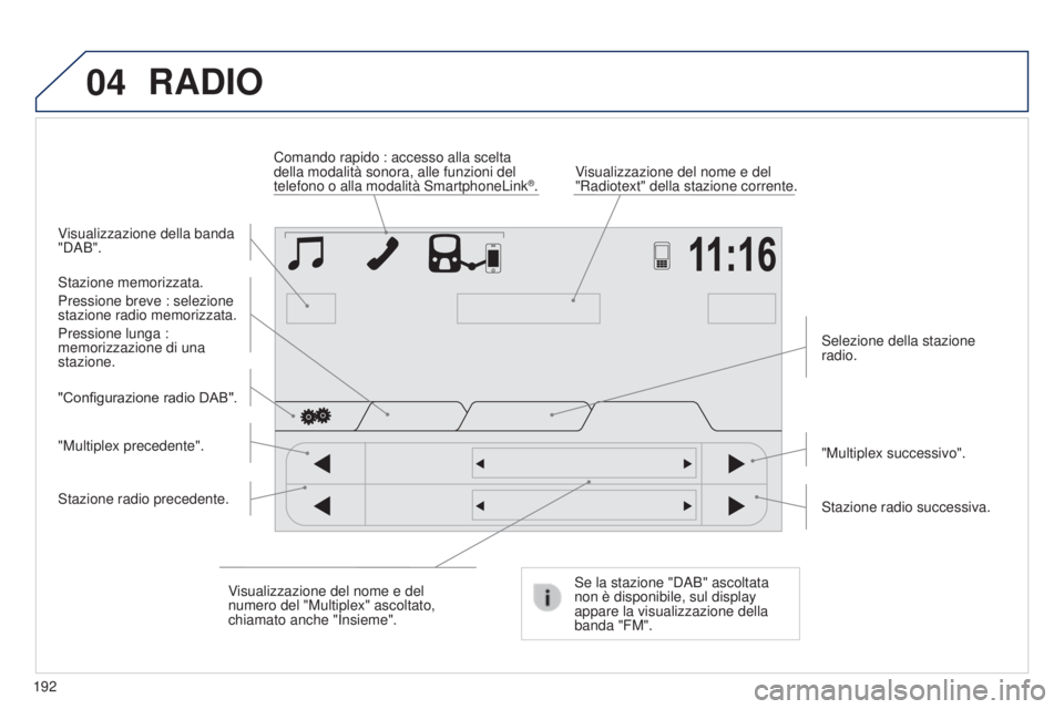 PEUGEOT 108 2014 Manuale duso (in Italian) 04
192
RADIO
Visualizzazione della banda
"DAB".Visualizzazione del nome e del
"Radiotext" della stazione corrente.
Comando rapido : accesso alla scelta
della modalità sonora, alle PEUGEOT 108 2014 Manuale duso (in Italian) 04
192
RADIO
Visualizzazione della banda
"DAB".Visualizzazione del nome e del
"Radiotext" della stazione corrente.
Comando rapido : accesso alla scelta
della modalità sonora, alle