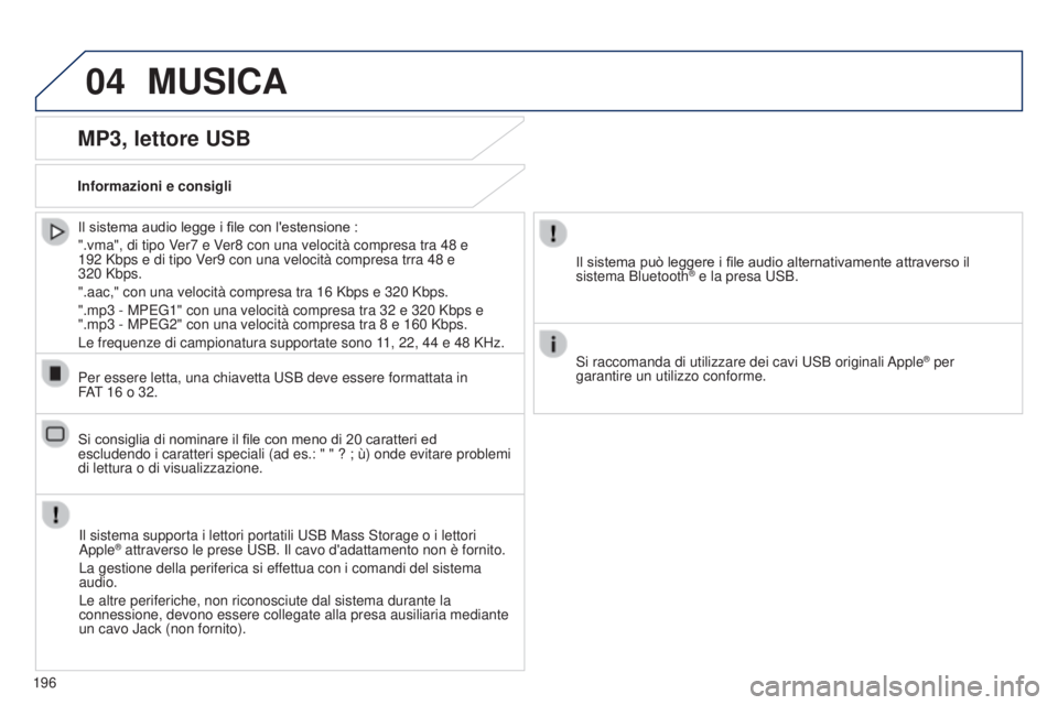 PEUGEOT 108 2014 Manuale duso (in Italian) 04MUSICA
196
MP3, lettore USB
Informazioni e consigliIl sistema supporta i lettori portatili USB Mass Storage o i lettori
Apple
® attraverso le prese USB. Il cavo d'adattamento non è fornito.
L PEUGEOT 108 2014 Manuale duso (in Italian) 04MUSICA
196
MP3, lettore USB
Informazioni e consigliIl sistema supporta i lettori portatili USB Mass Storage o i lettori
Apple
® attraverso le prese USB. Il cavo d'adattamento non è fornito.
L
