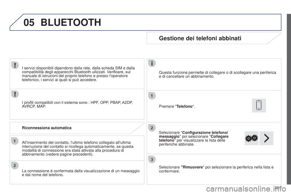 PEUGEOT 108 2014  Manuale duso (in Italian) 05
201
I servizi disponibili dipendono dalla rete, dalla scheda SIM e dalla 
compatibilità degli apparecchi Bluetooth uilizzati. Verificare, sul 
manuale di istruzioni del proprio telefono e presso l
