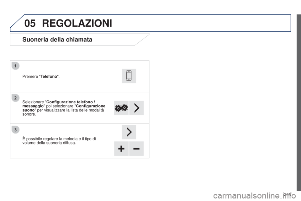 PEUGEOT 108 2014  Manuale duso (in Italian) 05
205
Suoneria della chiamata
Selezionare "Configurazione telefono / 
messaggio" poi selezionare " Configurazione 
suono" per visualizzare la lista delle modalità 
sonore. Premere &#