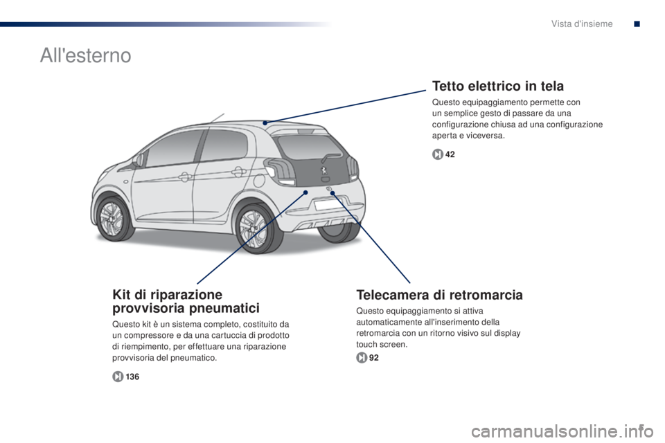 PEUGEOT 108 2014 Manuale duso (in Italian) 5
B3_it_Chap00b_vue-ensemble_ed01-2014
Tetto elettrico in tela
Questo equipaggiamento permette con
un semplice gesto di passare da una
configurazione chiusa ad una configurazione
aperta e viceversa PEUGEOT 108 2014 Manuale duso (in Italian) 5
B3_it_Chap00b_vue-ensemble_ed01-2014
Tetto elettrico in tela
Questo equipaggiamento permette con
un semplice gesto di passare da una
configurazione chiusa ad una configurazione
aperta e viceversa