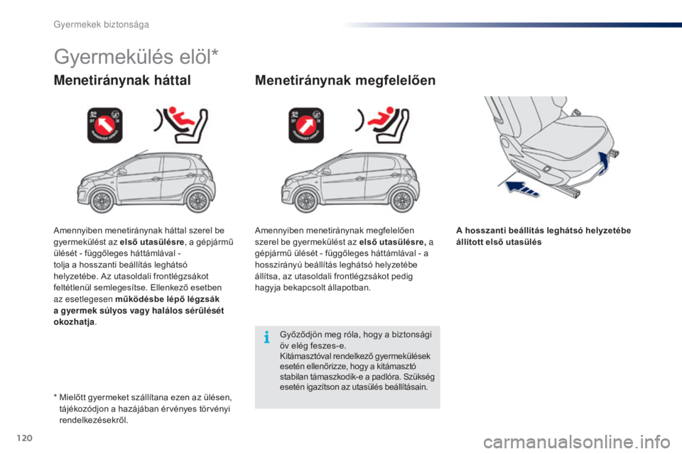PEUGEOT 108 2014  Kezelési útmutató (in Hungarian) 120
B3_hu_Chap08_securite-enfants_ed01-2014
Gyermekülés elöl*
Menetiránynak háttalMenetiránynak megfelelően
A hosszanti beállítás leghátsó helyzetébe 
állított első utasülés
Győződ