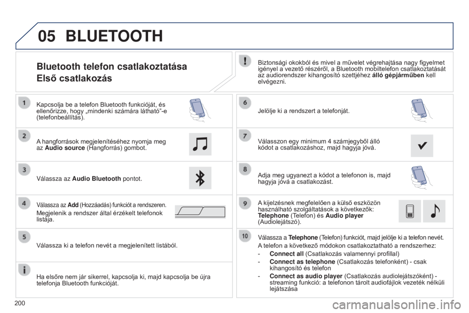 PEUGEOT 108 2014 Kezelési útmutató (in Hungarian) 05
200
Bluetooth telefon csatlakoztatása
Első csatlakozásBiztonsági okokból és mivel a művelet végrehajtása nagy figyelmet
igényel a vezető részéről, a Bluetooth mobiltelefon csatlakozt PEUGEOT 108 2014 Kezelési útmutató (in Hungarian) 05
200
Bluetooth telefon csatlakoztatása
Első csatlakozásBiztonsági okokból és mivel a művelet végrehajtása nagy figyelmet
igényel a vezető részéről, a Bluetooth mobiltelefon csatlakozt