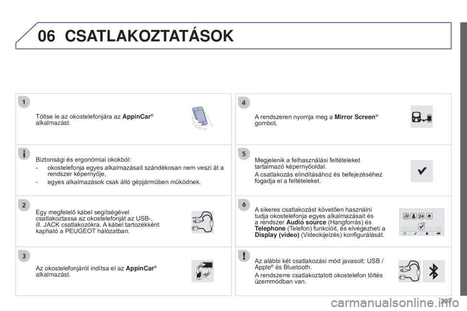 PEUGEOT 108 2014 Kezelési útmutató (in Hungarian) 06
207
B3_hu_Chap12a_Autoradio-Toyota-tactile-1_ed01-2014
A sikeres csatlakozást követően használni
tudja okostelefonja egyes alkalmazásait és
a rendszer Audio source (Hangforrás) és
Teleph PEUGEOT 108 2014 Kezelési útmutató (in Hungarian) 06
207
B3_hu_Chap12a_Autoradio-Toyota-tactile-1_ed01-2014
A sikeres csatlakozást követően használni
tudja okostelefonja egyes alkalmazásait és
a rendszer Audio source (Hangforrás) és
Teleph