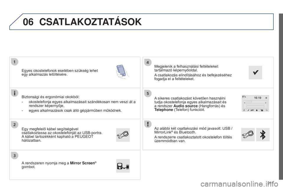 PEUGEOT 108 2014 Kezelési útmutató (in Hungarian) 06
2 11
B3_hu_Chap12a_Autoradio-Toyota-tactile-1_ed01-2014
Az alábbi két csatlakozási mód javasolt: USB /
MirrorLink® és Bluetooth.
A rendszerre csatlakoztatott okostelefon töltés
üzemmódb PEUGEOT 108 2014 Kezelési útmutató (in Hungarian) 06
2 11
B3_hu_Chap12a_Autoradio-Toyota-tactile-1_ed01-2014
Az alábbi két csatlakozási mód javasolt: USB /
MirrorLink® és Bluetooth.
A rendszerre csatlakoztatott okostelefon töltés
üzemmódb