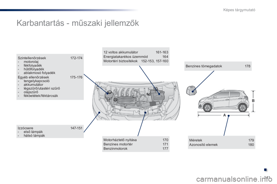 PEUGEOT 108 2014  Kezelési útmutató (in Hungarian) 241
B3_hu_Chap13_recherche-visuelle_ed01-2014
Iz zóc sere 147-151
-  e lső lámpák
-
 há

tsó lámpák
Karbantartás - műszaki jellemzők
Motorháztető nyitása 1 70
Benzines motortér 1 71
Ben