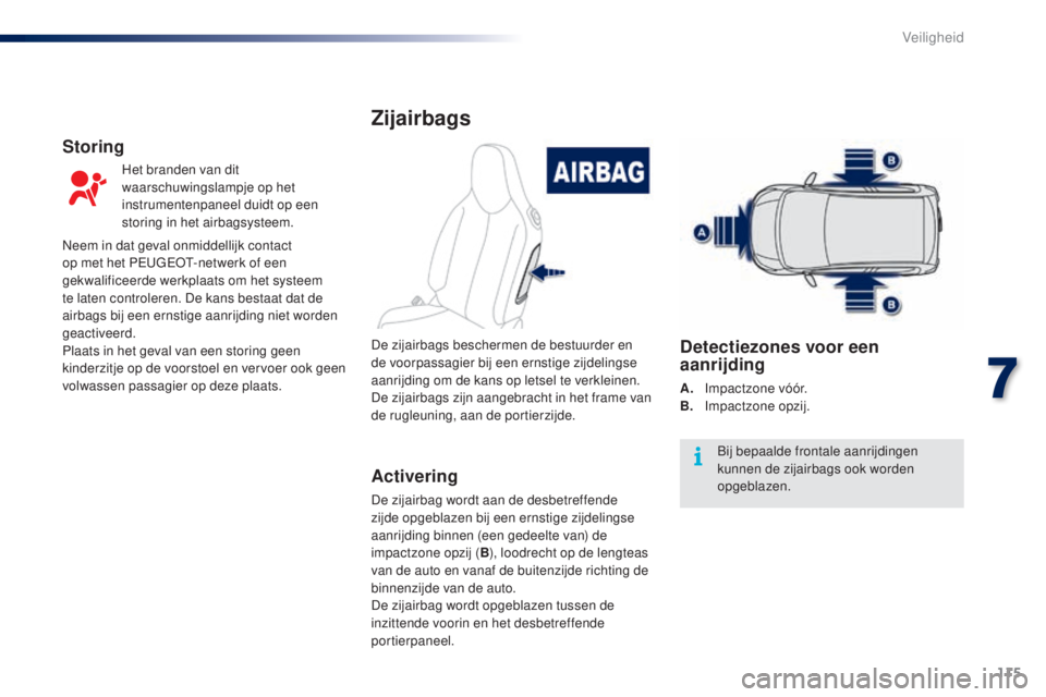 PEUGEOT 108 2014  Instructieboekje (in Dutch) 115
B3_nl_Chap07_securite_ed01-2014
Zijairbags
Activering
De zijairbag wordt aan de desbetreffende 
zijde opgeblazen bij een ernstige zijdelingse 
aanrijding binnen (een gedeelte van) de 
impactzone o