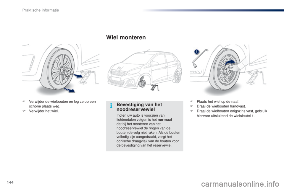 PEUGEOT 108 2014  Instructieboekje (in Dutch) 144
B3_nl_Chap09_info-pratiques_ed01-2014
Bevestiging van het 
noodreservewiel
Indien uw auto is voorzien van 
lichtmetalen velgen is het normaal 
dat bij het monteren van het 
noodreservewiel de ring