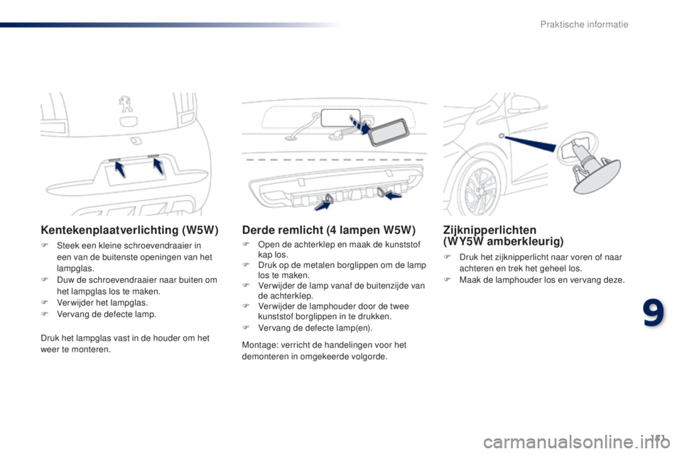 PEUGEOT 108 2014  Instructieboekje (in Dutch) 151
B3_nl_Chap09_info-pratiques_ed01-2014
Kentekenplaatverlichting (W5W)
F Steek een kleine schroevendraaier in een van de buitenste openingen van het 
lampglas.
F
 
D
 uw de schroevendraaier naar bui