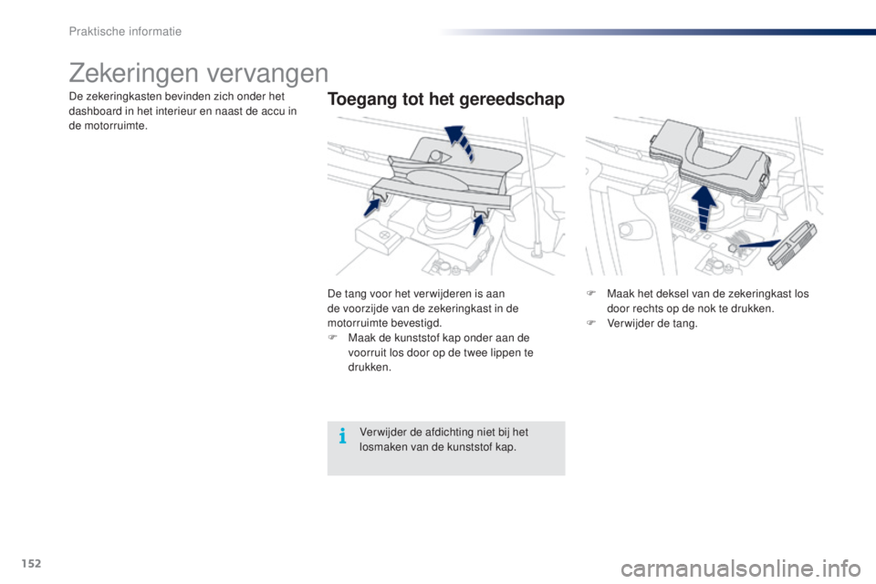PEUGEOT 108 2014  Instructieboekje (in Dutch) 152
B3_nl_Chap09_info-pratiques_ed01-2014
Zekeringen vervangen
Toegang tot het gereedschapDe zekeringkasten bevinden zich onder het 
dashboard in het interieur en naast de accu in 
de motorruimte.De t