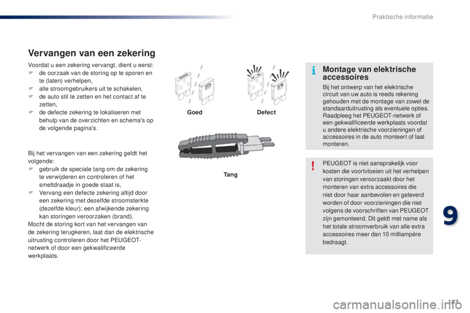 PEUGEOT 108 2014  Instructieboekje (in Dutch) 153
B3_nl_Chap09_info-pratiques_ed01-2014
Voordat u een zekering vervangt, dient u eerst:
F d e oorzaak van de storing op te sporen en 
te (laten) verhelpen,
F
 
a
 lle stroomgebruikers uit te schakel