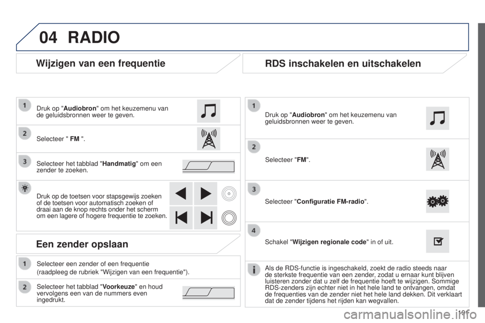PEUGEOT 108 2014 Instructieboekje (in Dutch) 04
191
B3_nl_Chap12a_Autoradio-Toyota-tactile-1_ed01-2014
Wijzigen van een frequentie
RADIO
Selecteer " FM ". Druk op "Audiobron" om het keuzemenu van
de geluidsbronnen weer te geven. PEUGEOT 108 2014 Instructieboekje (in Dutch) 04
191
B3_nl_Chap12a_Autoradio-Toyota-tactile-1_ed01-2014
Wijzigen van een frequentie
RADIO
Selecteer " FM ". Druk op "Audiobron" om het keuzemenu van
de geluidsbronnen weer te geven.
