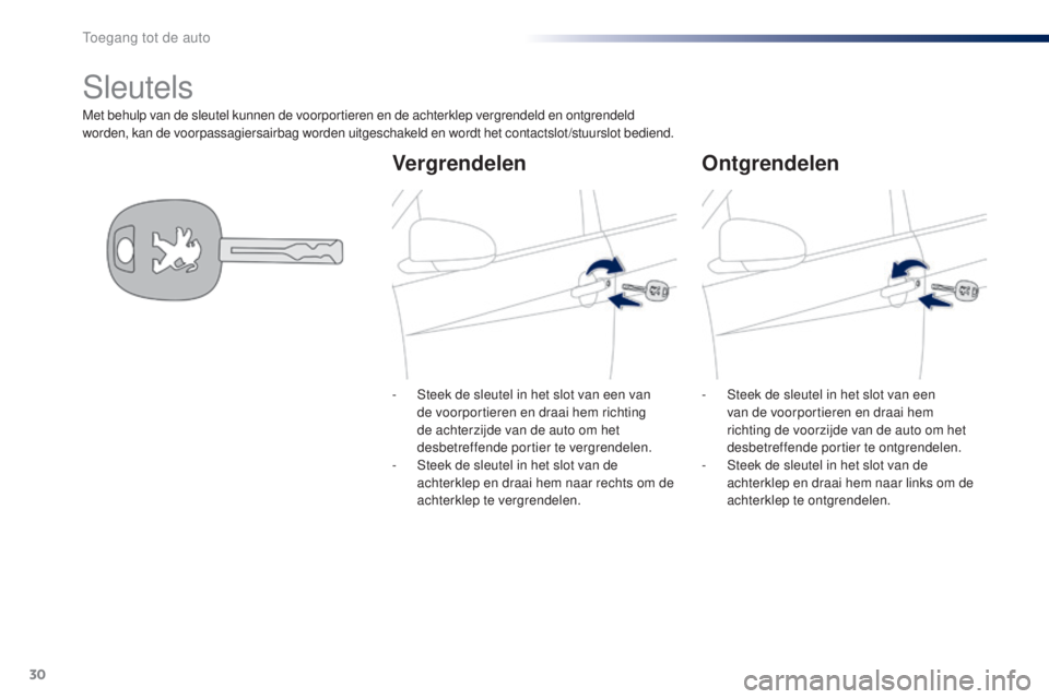 PEUGEOT 108 2014 Instructieboekje (in Dutch) 30
B3_nl_Chap02_ouvertures_ed01-2014
Met behulp van de sleutel kunnen de voorportieren en de achterklep vergrendeld en ontgrendeld
worden, kan de voorpassagiersairbag worden uitgeschakeld en wordt he PEUGEOT 108 2014 Instructieboekje (in Dutch) 30
B3_nl_Chap02_ouvertures_ed01-2014
Met behulp van de sleutel kunnen de voorportieren en de achterklep vergrendeld en ontgrendeld
worden, kan de voorpassagiersairbag worden uitgeschakeld en wordt he