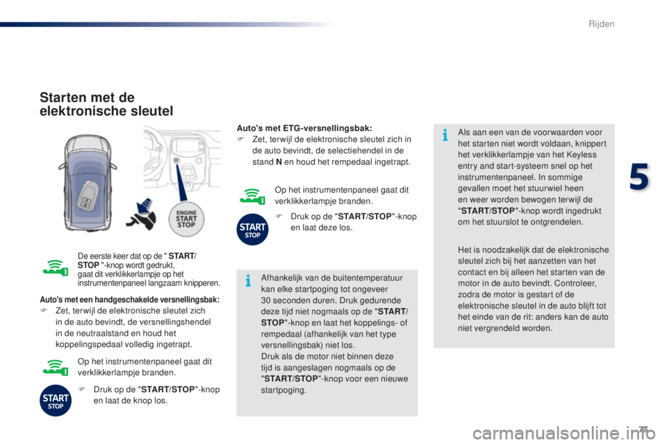 PEUGEOT 108 2014 Instructieboekje (in Dutch) 73
B3_nl_Chap05_conduite_ed01-2014
Starten met de
elektronische sleutel
De eerste keer dat op de " S TA R T/
STOP "-knop wordt gedrukt,
gaat dit verklikkerlampje op het
instrumentenpaneel l PEUGEOT 108 2014 Instructieboekje (in Dutch) 73
B3_nl_Chap05_conduite_ed01-2014
Starten met de
elektronische sleutel
De eerste keer dat op de " S TA R T/
STOP "-knop wordt gedrukt,
gaat dit verklikkerlampje op het
instrumentenpaneel l