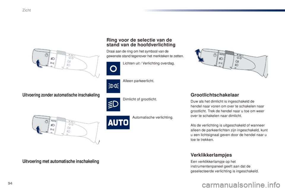 PEUGEOT 108 2014 Instructieboekje (in Dutch) 94
B3_nl_Chap06_visibilite_ed01-2014
Uitvoering zonder automatische inschakeling
Uitvoering met automatische inschakeling
Ring voor de selectie van de
stand van de hoofdverlichting
Draai aan de ring PEUGEOT 108 2014 Instructieboekje (in Dutch) 94
B3_nl_Chap06_visibilite_ed01-2014
Uitvoering zonder automatische inschakeling
Uitvoering met automatische inschakeling
Ring voor de selectie van de
stand van de hoofdverlichting
Draai aan de ring