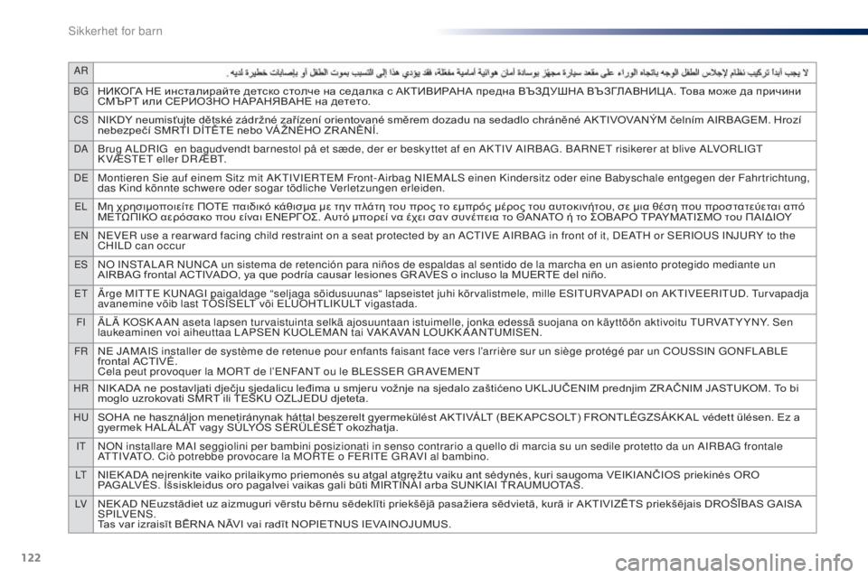 PEUGEOT 108 2014  Instruksjoner for bruk (in Norwegian) 122
AR
BG
НИКОГА	НЕ	инсталирайте	детско	столче	на	седалка	с	АКТИВИРАНА	предна	ВЪЗДУШНА	ВЪЗГЛАВНИЦ А.	Това	може	да