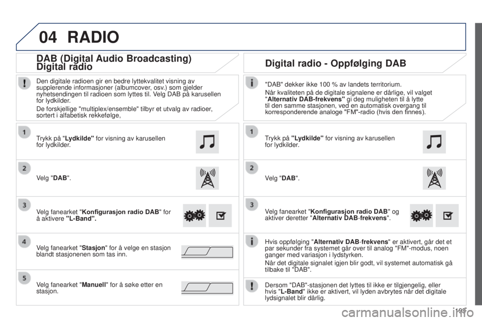 PEUGEOT 108 2014 Instruksjoner for bruk (in Norwegian) 04
193
B3_no_Chap12a_Autoradio-Toyota-tactile-1_ed01-2014
RADIO
Hvis oppfølging "Alternativ DAB-frekvens " er aktivert, går det et
par sekunder fra systemet går over til analog "FM" PEUGEOT 108 2014 Instruksjoner for bruk (in Norwegian) 04
193
B3_no_Chap12a_Autoradio-Toyota-tactile-1_ed01-2014
RADIO
Hvis oppfølging "Alternativ DAB-frekvens " er aktivert, går det et
par sekunder fra systemet går over til analog "FM"