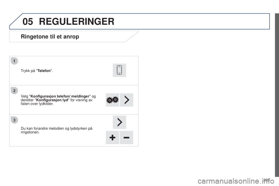 PEUGEOT 108 2014  Instruksjoner for bruk (in Norwegian) 05
205
B3_no_Chap12a_Autoradio-Toyota-tactile-1_ed01-2014
Ringetone til et anrop
Velg "Konfigurasjon telefon/ meldinger" og 
deretter "Konfigurasjon lyd " for visning av 
listen over l
