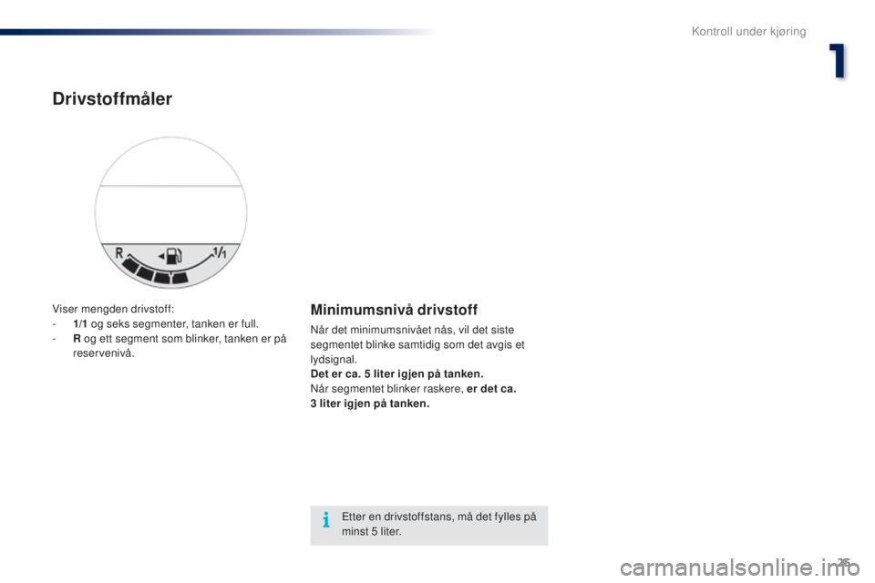 PEUGEOT 108 2014  Instruksjoner for bruk (in Norwegian) 25
B3_no_Chap01_controle-de-marche_ed01-2014
Viser mengden drivstoff:
- 1/ 1  og seks segmenter, tanken er full.
-
 
R
  og ett segment som blinker, tanken er på 
reservenivå.Minimumsnivå drivstoff