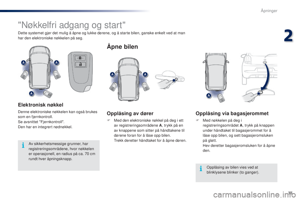 PEUGEOT 108 2014  Instruksjoner for bruk (in Norwegian) 33
B3_no_Chap02_ouvertures_ed01-2014
"Nøkkelfri adgang og start"
Dette systemet gjør det mulig å åpne og lukke dørene, og å starte bilen, ganske enkelt ved at man 
har den elektroniske n