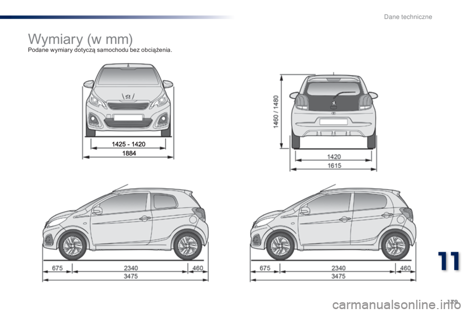PEUGEOT 108 2014  Instrukcja obsługi (in Polish) 179
B3_pl_Chap11_caracteristiques-techniques_ed01-2014
Wymiary (w mm)Podane wymiary dotyczą samochodu bez obciążenia.
11 
D  