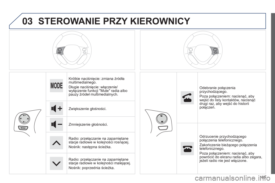 PEUGEOT 108 2014  Instrukcja obsługi (in Polish) 03
185
B3_pl_Chap12a_Autoradio-Toyota-tactile-1_ed01-2014
STEROWANIE PRZY KIEROWNICY
Krótkie naciśnięcie: zmiana źródła 
multimedialnego.
Długie naciśnięcie: włączenie/
wyłączenie funkcji