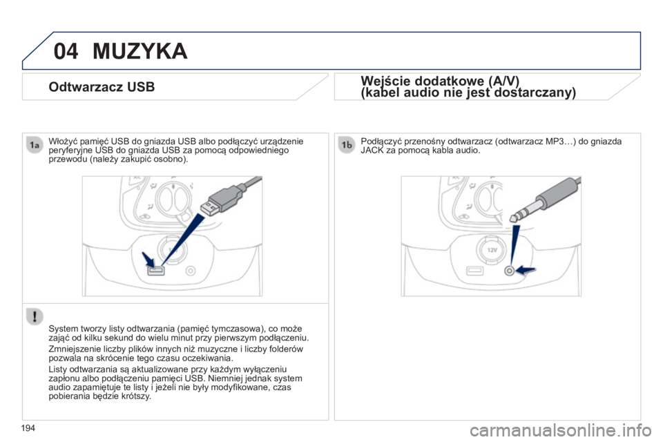 PEUGEOT 108 2014 Instrukcja obsługi (in Polish) 04
194
Odtwarzacz USB
MUZYKA
Wejście dodatkowe (A/V)
(kabel audio nie jest dostarczany)
Włożyć pamięć USB do gniazda USB albo podłączyć urządzenie
peryferyjne USB do gniazda USB za pomocą PEUGEOT 108 2014 Instrukcja obsługi (in Polish) 04
194
Odtwarzacz USB
MUZYKA
Wejście dodatkowe (A/V)
(kabel audio nie jest dostarczany)
Włożyć pamięć USB do gniazda USB albo podłączyć urządzenie
peryferyjne USB do gniazda USB za pomocą